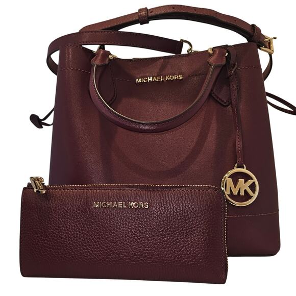 Michael Kors Oxblood Leather Satchel Handbag Crossbody Bag Purse Wallet Set - Picture 1 of 16